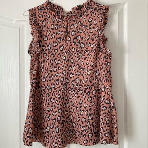 Suzanne Betro Sleeveless Leopard Print Top. light Coral, blue n white. Like new.